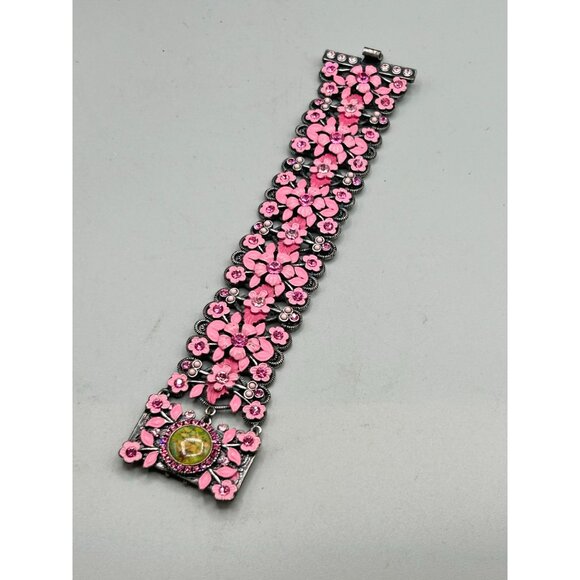 MX Signature Enamel Flowers Bracelet Pink Vintage Designer Signed 80s Jewelry - Picture 2 of 8